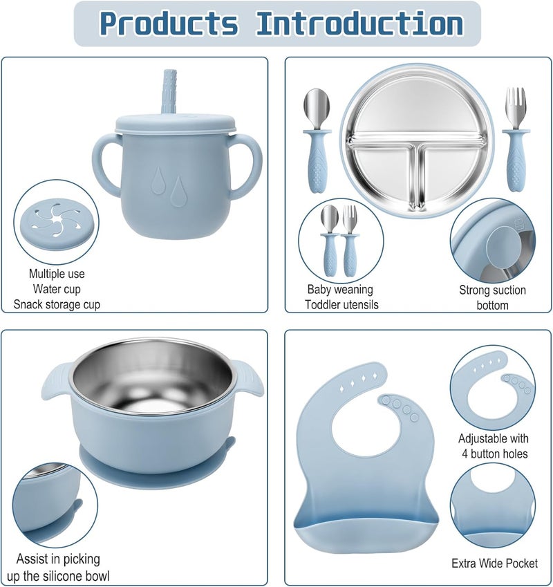 mislili Stainless Steel Kids Plates and Bowls Set with Suction, Divided Baby Plate and Toddler Bowl with Removable Silicone Suction,Stainless Steel Weaning Bundle, Silicone Baby Feeding Set (Blue) - Image 3